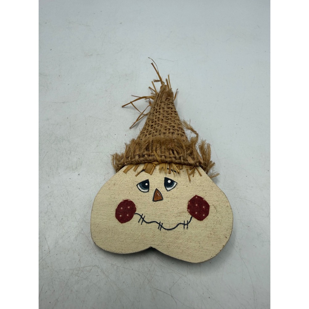 Vintage 1995 RSM Handmade Wood Scarecrow Brooch Burlap Hat Fall Autumn Pin